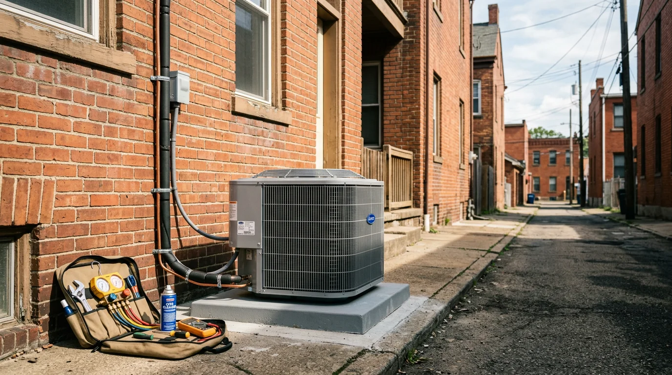 Air conditioning unit installation on residential home exterior