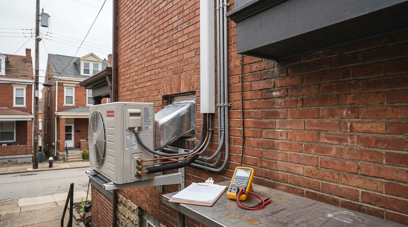 HVAC technician working on residential heating and cooling system