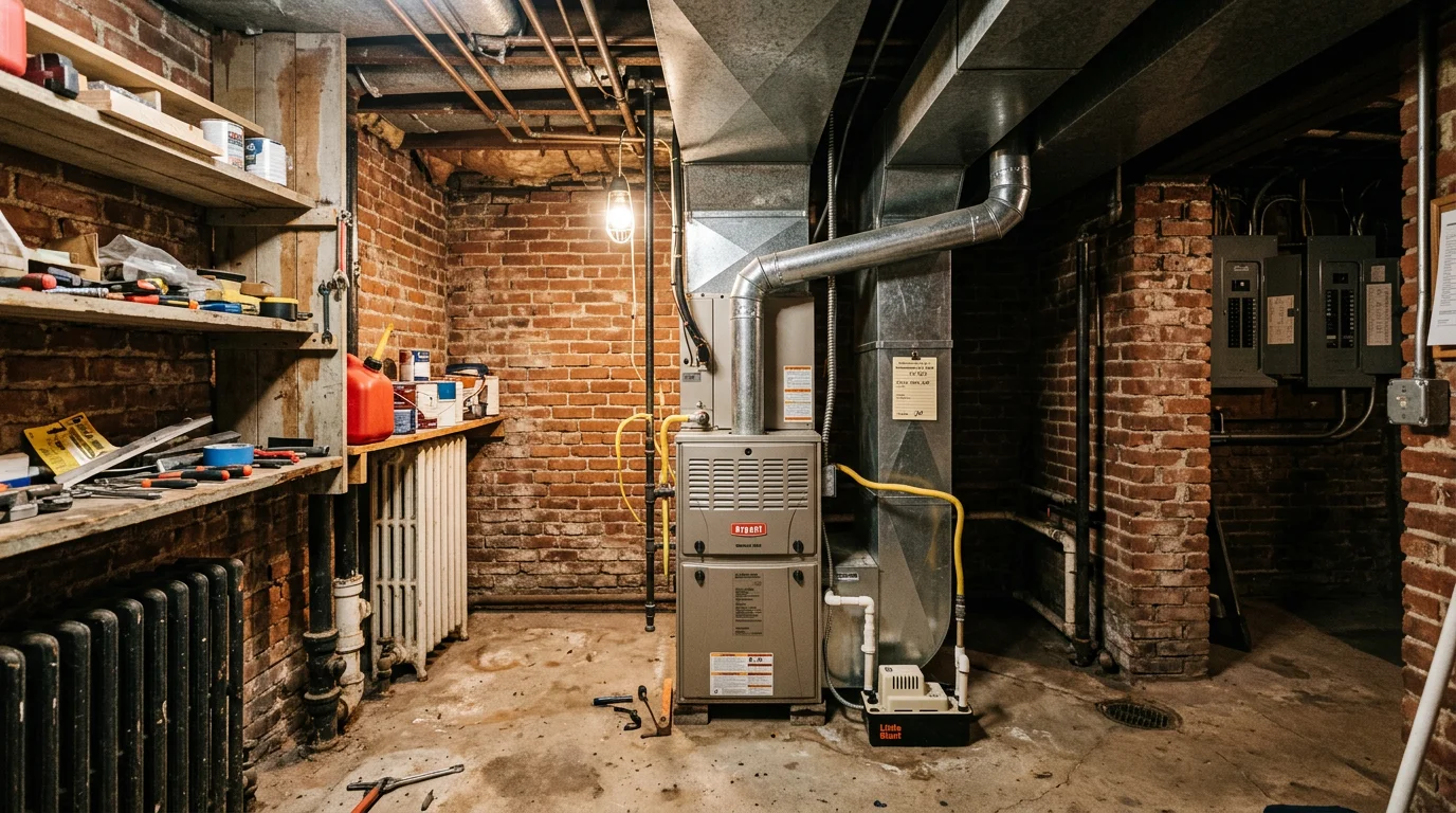 HVAC technician inspecting a furnace in the basement of a Pittsburgh brick rowhouse, with exposed ductwork visible overhead.